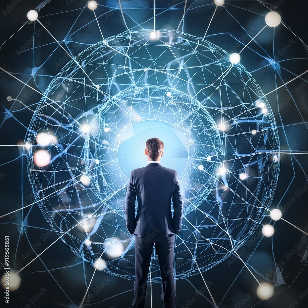Man standing in epicenter of human resource management connections, recruitment business concept illustration Man standing in epicenter of human resource management connections, recruitment business concept illustration