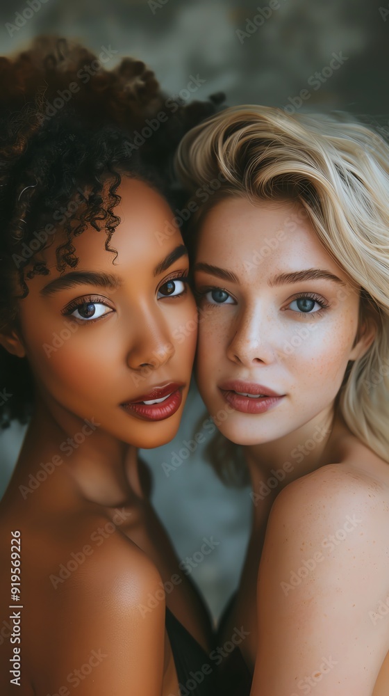 Obraz premium Three diverse women, neutral background, soft lighting, serious expressions, portrait photography