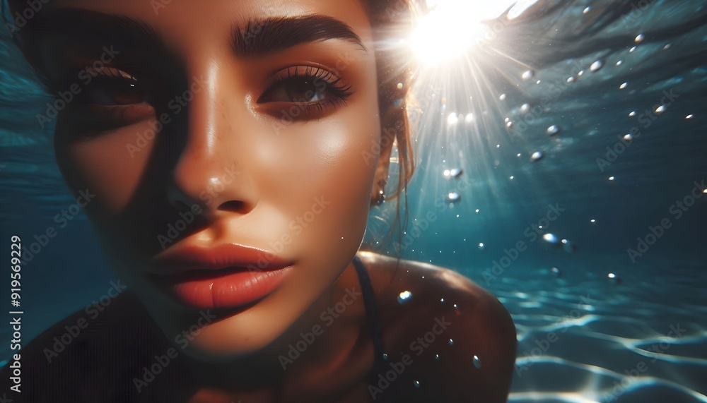 Epic Cinematic Underwater Scene: Red-Haired Woman Surrounded by Bubbles Epic Cinematic Underwater Scene: Red-Haired Woman Surrounded by Bubbles