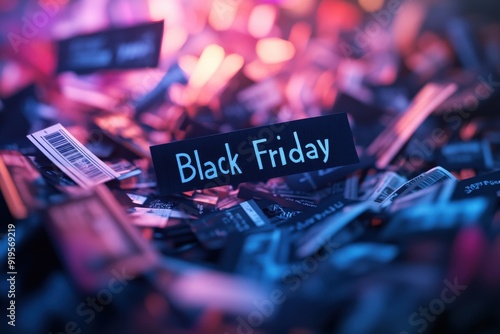 A vibrant display highlights Black Friday sales amid an array of discount tags and colorful lighting, capturing the shopping frenzy photo