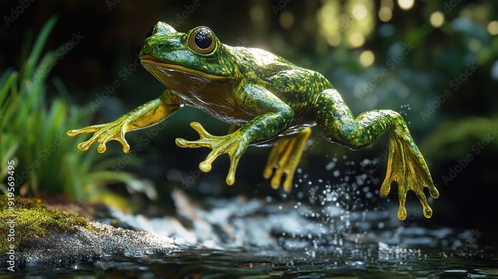 Obraz premium A green frog leaps over a stream in a lush forest.