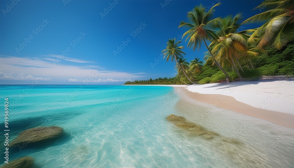 Naklejka premium photorealistic 3d rendering of a pristine tropical beach with crystalclear turquoise waters powdery white sand and lush palm trees created using advanced cgi technology