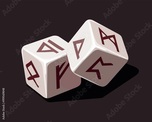 Illustration Dice with runes. D6 light dice on a dark background