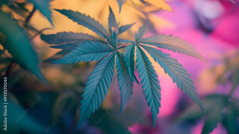 Marijuana leaves on a colorful background, close up top view on cannabis leaves and branches on colorful background for alternative medical and marketing design concept Marijuana leaves on a colorful background, close up top view on cannabis leaves and branches on colorful background for alternative medical and marketing design concept