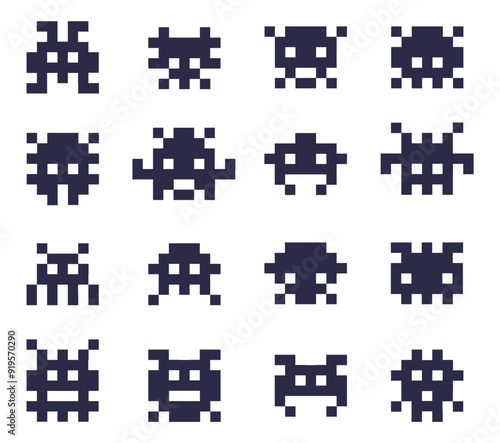 Illustrations of pixel 8 bit aliens. Monsters 8 bit pixel games