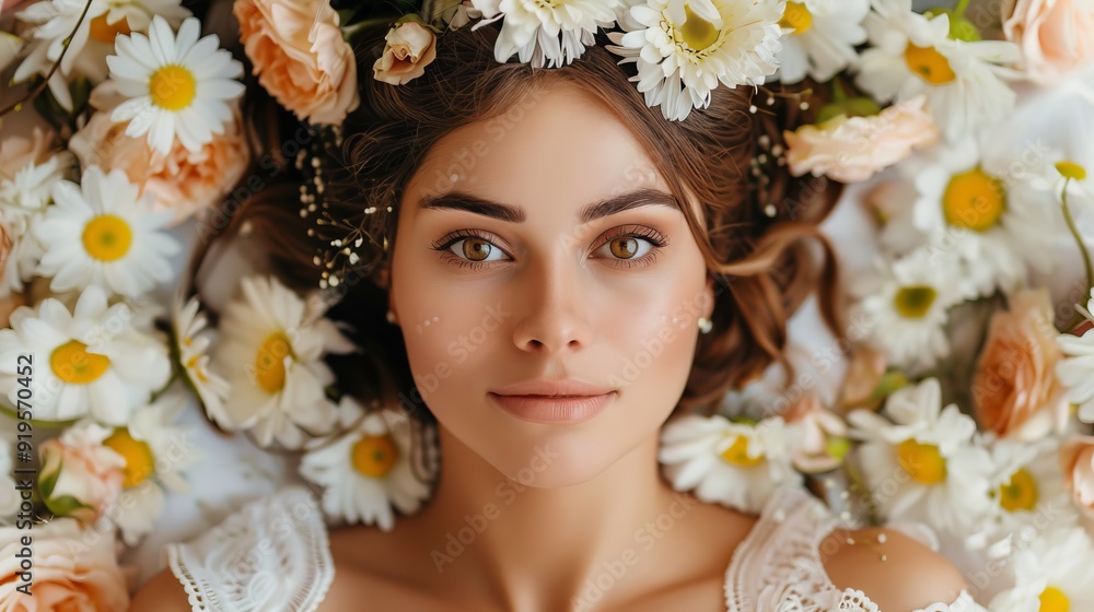 Spring Rejuvenation: Portrait of a Woman with Floral Arrangement Spring Rejuvenation: Portrait of a Woman with Floral Arrangement