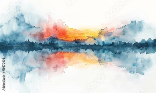 Watercolor abstract twilight reflections on white.