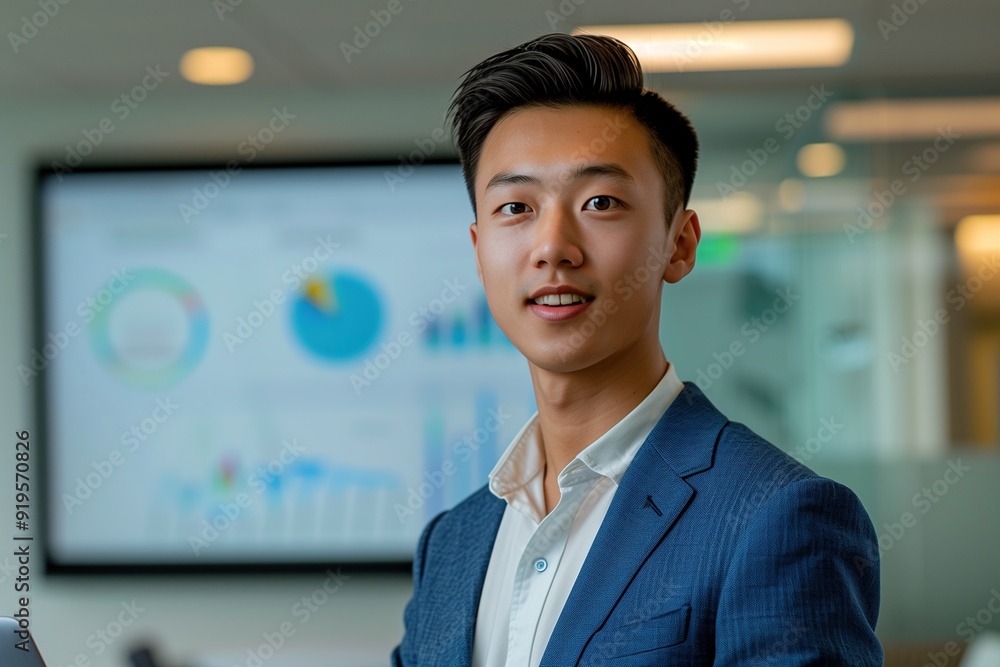 Portrait of a young businessman in a suit, smiling and looking at the camera in an office setting. Portrait of a young businessman in a suit, smiling and looking at the camera in an office setting.