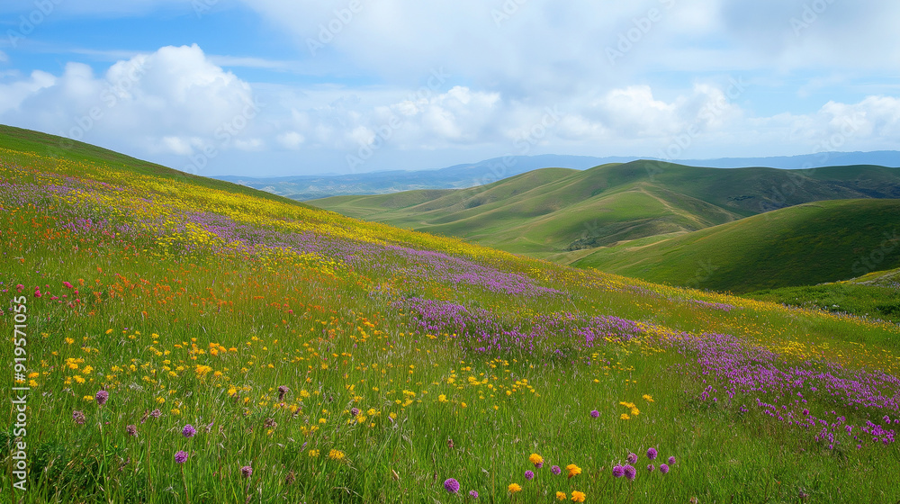 Rolling hills with wildflowers in bloom Rolling hills with wildflowers in bloom