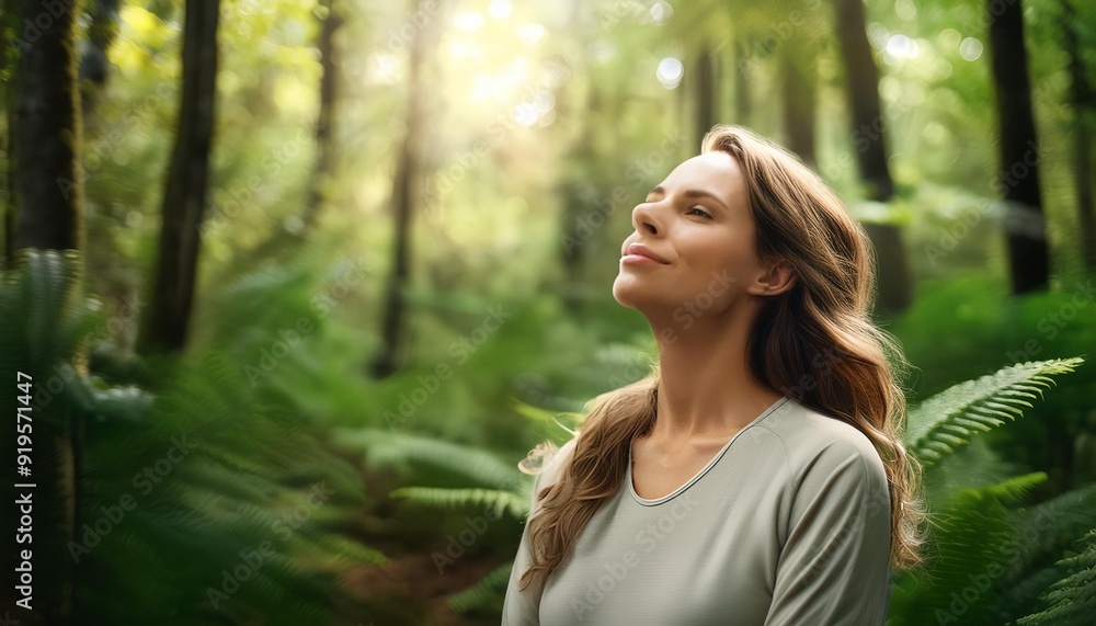 Serene woman taking a deep breath in lush green forest, feeling relaxed and rejuvenated in nature, mindfulness concept photo Serene woman taking a deep breath in lush green forest, feeling relaxed and rejuvenated in nature, mindfulness concept photo