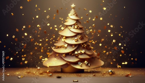 shimmering golden confetti falling around a stylized christmas tree festive holiday decoration 3d illustration