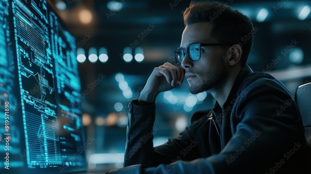 Person working with high-tech digital interface screen. Person working with high-tech digital interface screen.