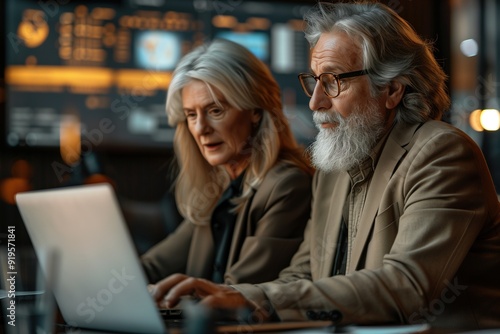 Senior couple working on a laptop together in a dimly lit room.