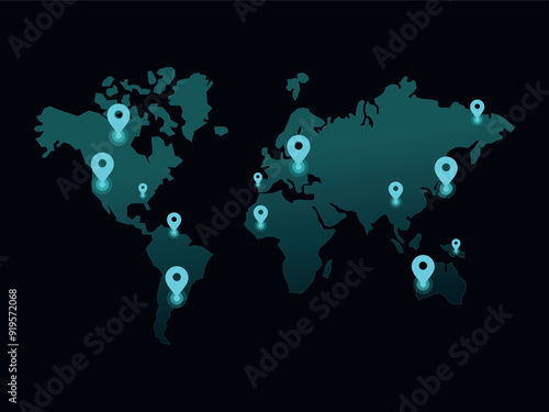 Illustration of a world map with marked location pins. World map hologram with locations