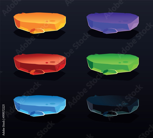 Multicolored bright stone platforms flutter in the air. Stone blocks are floating in the air