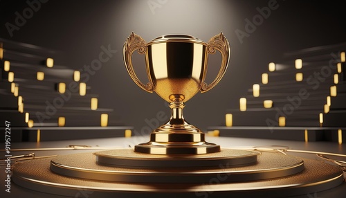 shining golden trophy cup on podium symbol of victory and achievement 3d rendering with ai technology photo