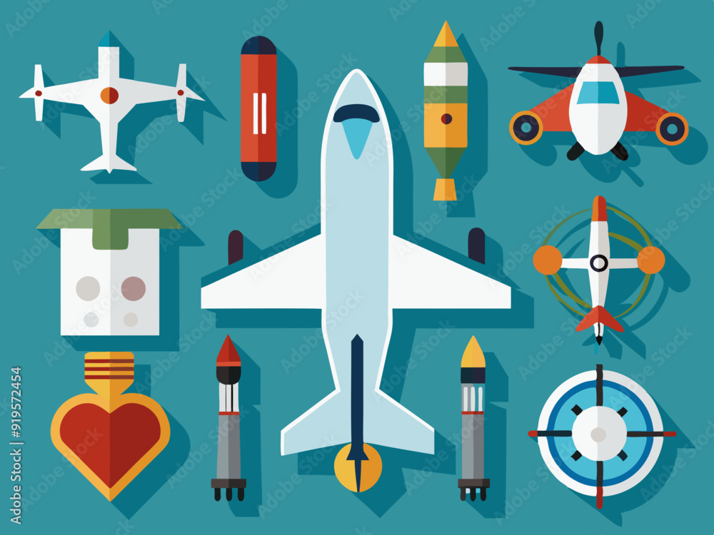 Airplane icons. Aircraft silhouettes flying jet, motor plane and drone military and commercial aviation pictogram. Aeroplane top view, air vehicles vector set
Airplane icons. Aircraft silhouettes flying jet, motor plane and drone military and commercial aviation pictogram. Aeroplane top view, air vehicles vector set
