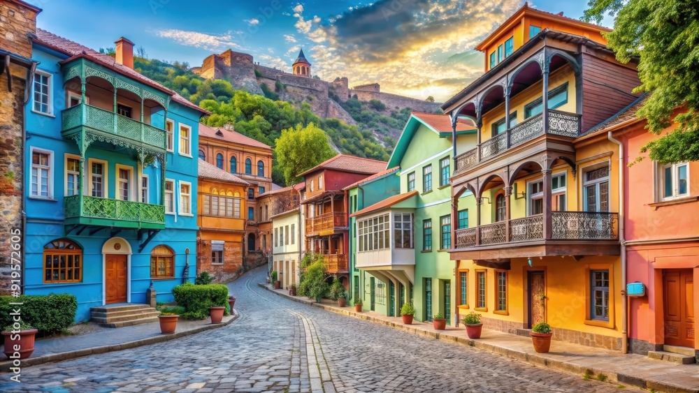 Obraz premium Traditional Georgian architecture in Tbilisi featuring colorful houses and cobblestone streets, Tbilisi