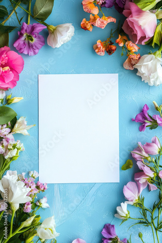 White inivitation card with flowers, top view, aesthetic, cinematic lighting, vibrant color. photo