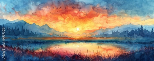 Wallpaper Mural Watercolor abstract sunrise over a peaceful meadow. Torontodigital.ca
