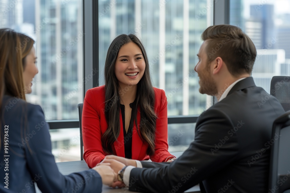 Three business people hold hands together in a meeting, symbolizing unity and teamwork. Three business people hold hands together in a meeting, symbolizing unity and teamwork.