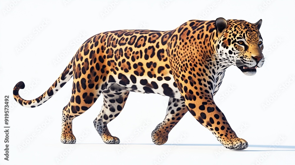 Naklejka premium A jaguar with its spotted coat walks on a white background.