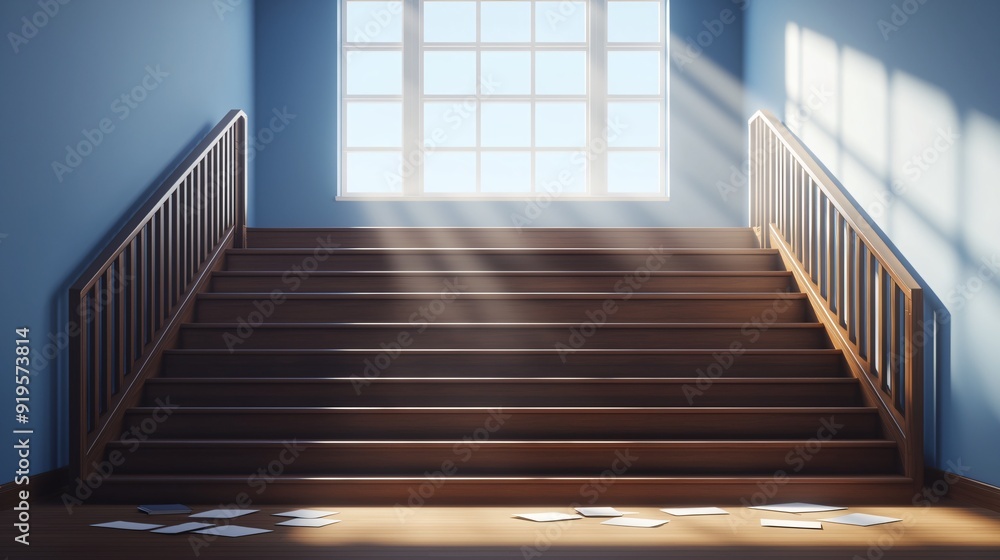 Obraz premium Anime style school stairs with scattered papers and sunlight streaming through a nearby window capturing the quiet between classes school life detail