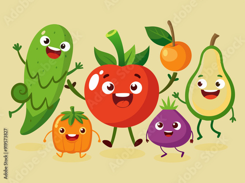 Vegetable character. Cartoon retro mascot vegetables. Funny green vitamin plant food, cute tomato, running pumpkin, healthy eggplant, nature avocado. Vector set

