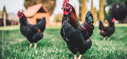 Three black chickens in a grassy field, one looking directly at the camera. A wooden coop is visible in the background.