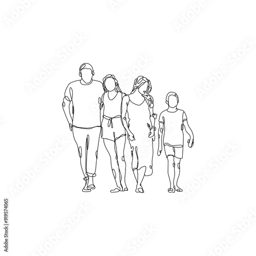 dessin en ligne continue d'une famille marchant de face, line art, vecteur