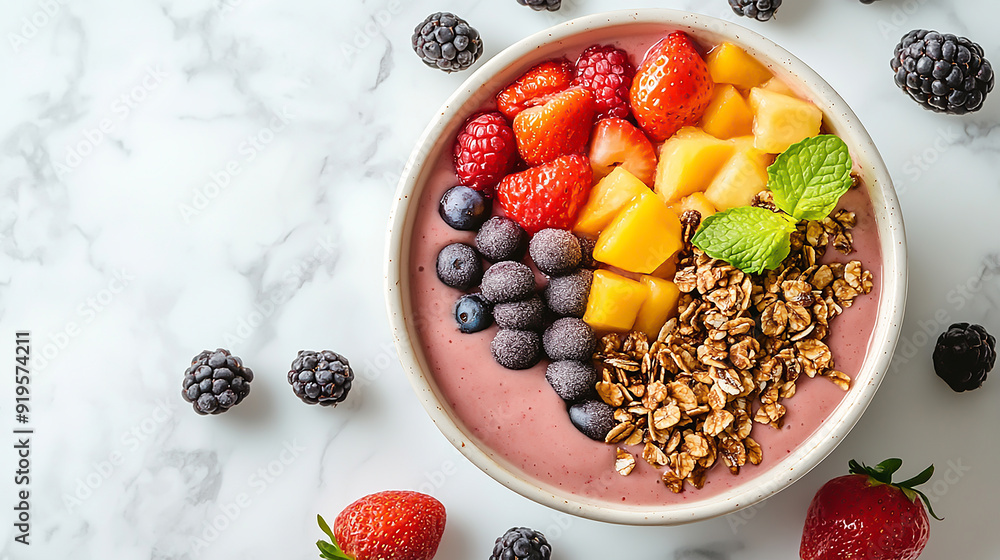 a colorful smoothie bowl, fruit toppings, white marble background a colorful smoothie bowl, fruit toppings, white marble background