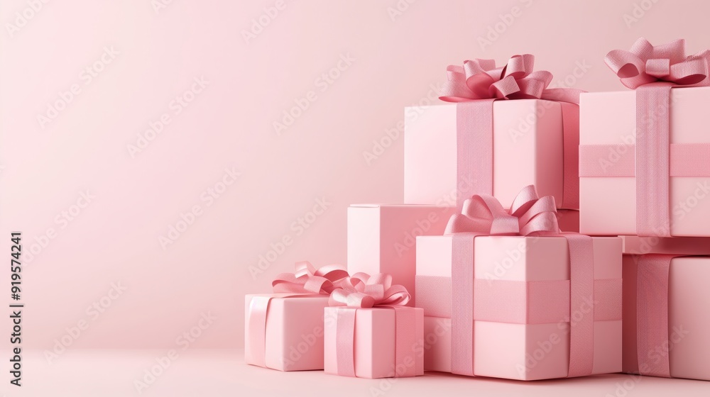 A neatly stacked collection of pink gift boxes, each adorned with matching pink ribbons. Set against a soft pink background, creating a gentle and festive atmosphere.