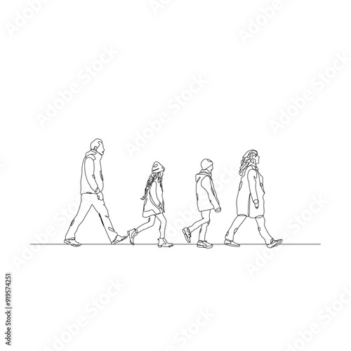 dessin en ligne continue d'une famille marchant en ligne, line art, vecteur