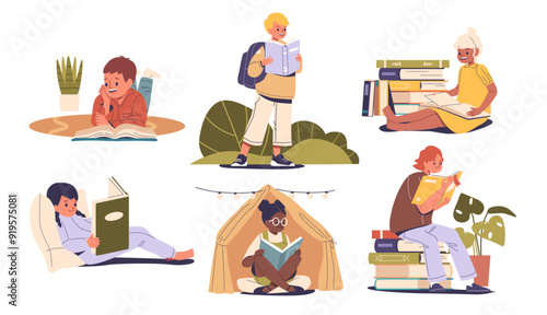 Children Enjoying Reading In Various Poses And Settings. Cartoon Vector Illustration Depicts Kids With Books