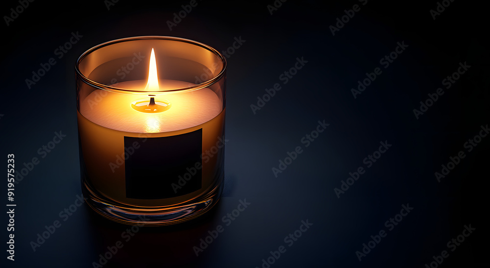 Candle in Glass with Black Label Isolated on Dark Background Candle in Glass with Black Label Isolated on Dark Background