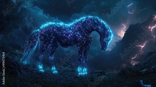 Sci-Fi Concept of a Bioluminescent Alien Horse with Glowing Patterns