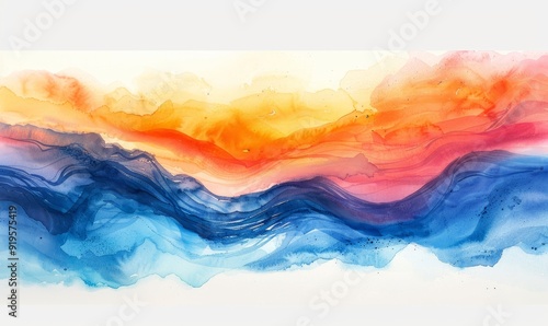 A painting of a blue and orange ocean with a horizon in the background