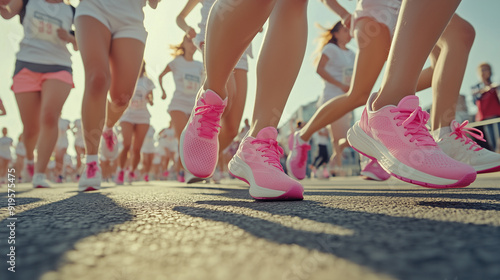 Women running together in pink shoes at a breast cancer awareness marathon, celebrating strength, solidarity, and the fight against cancer.