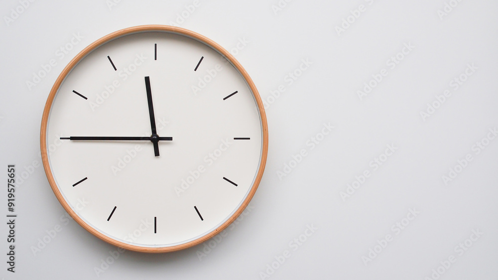 Minimalist wooden Wall Clock on White Wooden Surface with Space for Text – Time Set at 23.45/11.45 Minimalist wooden Wall Clock on White Wooden Surface with Space for Text – Time Set at 23.45/11.45