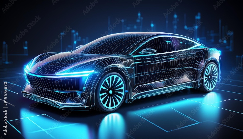 sleek electric black car with holographic wireframe futuristic digital technology background 3d illustration sleek electric black car with holographic wireframe futuristic digital technology background 3d illustration