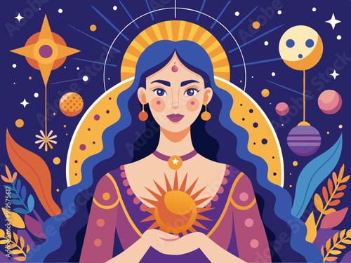 Esoteric mystical poster. Magic beautiful woman hands with celestial sun, star moons. Design card template with astrology universe symbols vector set
