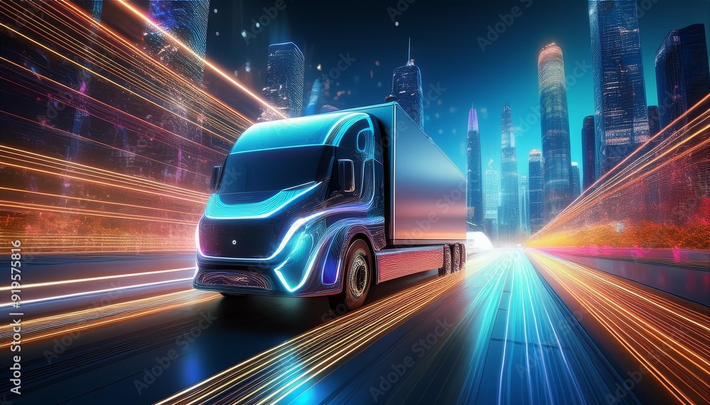 sleek electric delivery truck speeding through futuristic city glowing energy trails behind wheels holographic package tracking displayed on side panels sleek electric delivery truck speeding through futuristic city glowing energy trails behind wheels holographic package tracking displayed on side panels