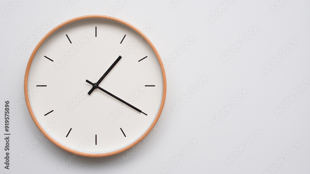 Minimalist wooden Wall Clock on White Wooden Surface with Space for Text – Time Set at 13.20/01.20 Minimalist wooden Wall Clock on White Wooden Surface with Space for Text – Time Set at 13.20/01.20
