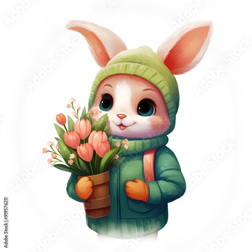 a cute, cartoon-style bunny. The bunny is standing upright and wearing a green hooded jacket with a matching green beanie hat. It has large, expressive eyes and a small, pink nose photo