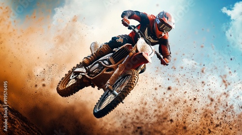 Color photo of a motocross rider jumping over a hill, mid-air with focused expression, dirt track, dusty afternoon light, photorealistic