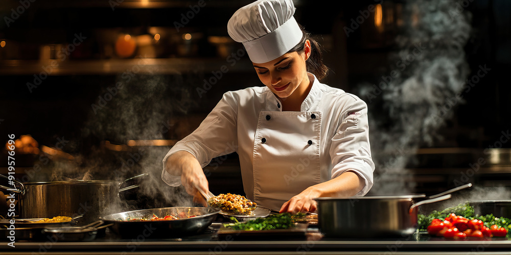 Caucasian Female Chef with Chef's Hat, Cooking in Restaurant Kitchen Caucasian Female Chef with Chef's Hat, Cooking in Restaurant Kitchen