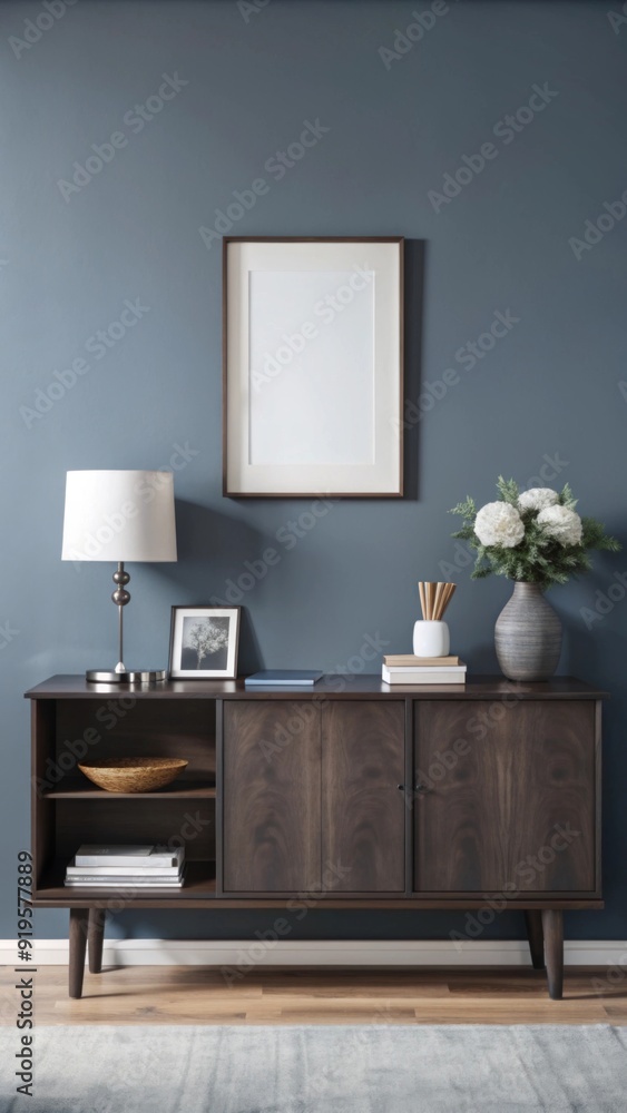 A modern interior setting features a dark wooden sideboard against a deep gray wall. A modern interior setting features a dark wooden sideboard against a deep gray wall.