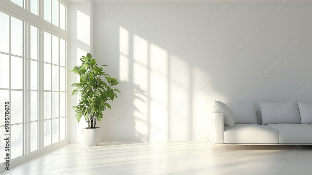 living room, soft natural light, single potted plant, clean lines living room, soft natural light, single potted plant, clean lines