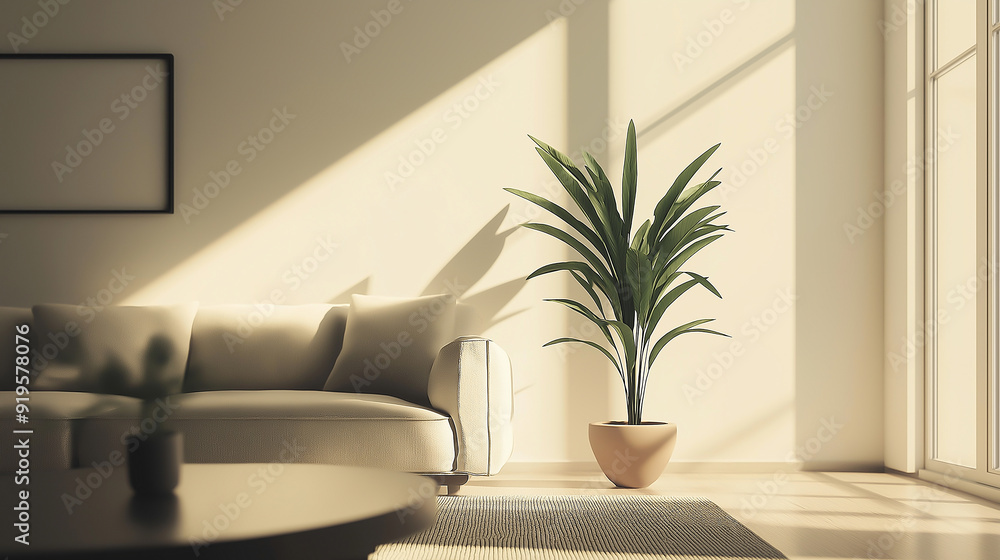 living room, soft natural light, single potted plant, clean lines living room, soft natural light, single potted plant, clean lines