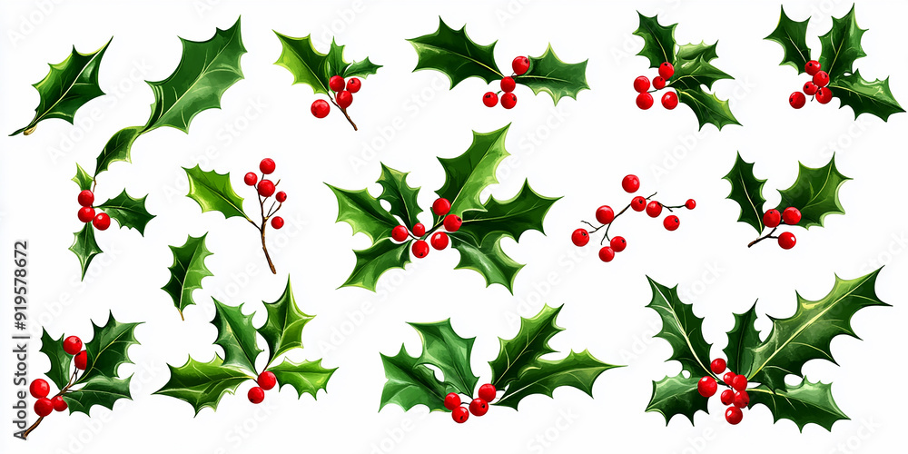 Fototapeta premium f realistic holly leaves and red berries in different poses on a white background